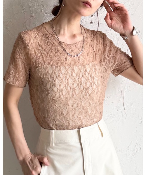 DECOdepuis1985 gessyoku topsレース シースルー 半袖 She's Closet tシャツ 半袖 半袖 クルーネック 透かし編み風 シアー