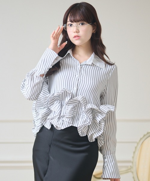 Anely ブラウス シャツ ストライプ柄 長袖 フリル ブラウス レディース