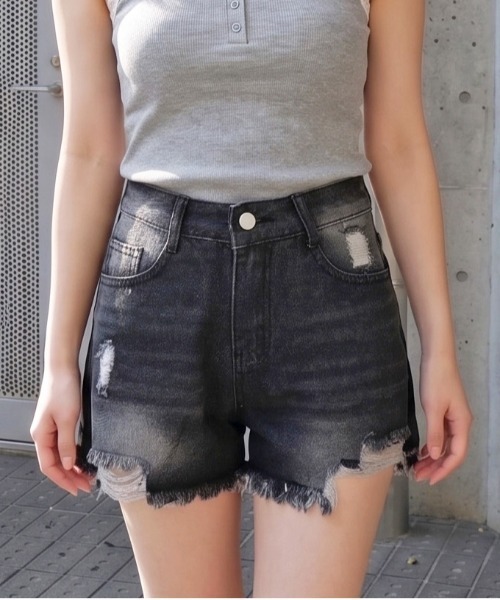 d.i.a　ラメ入りダメージデニムショートパンツNAVY　24インチ FUN（ファン） ジーンズ デニム デニムパンツ ダメージデニムショート