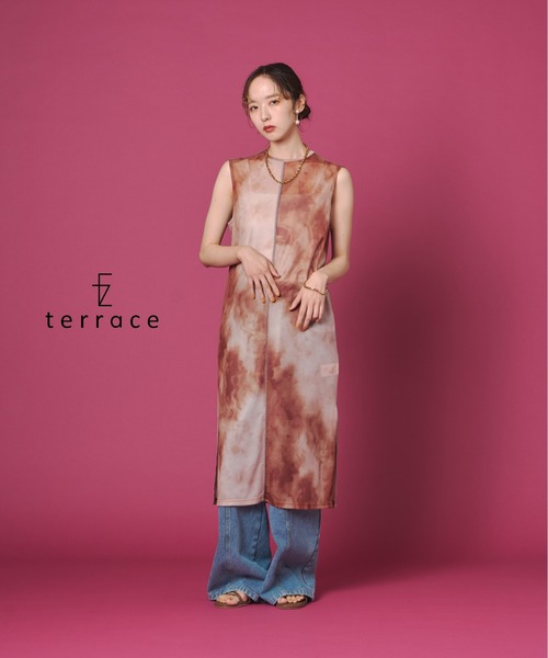 terrace ワンピース マーブルプリントノースリーブチュールワンピース 