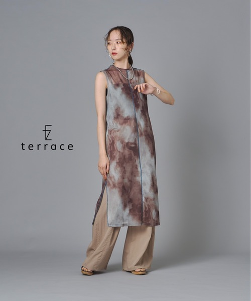 ノースリーブチュールワンピース terrace ワンピース マーブルプリントノースリーブチュールワンピース
