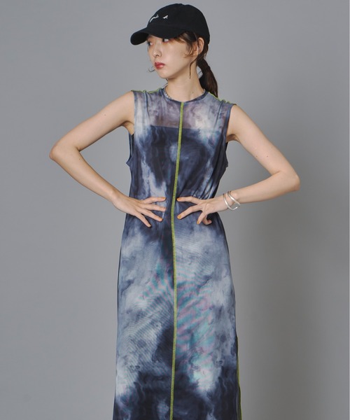 terrace ワンピース マーブルプリントノースリーブチュールワンピース 