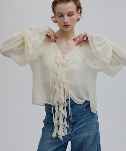 Ameri（アメリ） ブラウス シャツ SHEER TWIST FRILL BLOUSE 