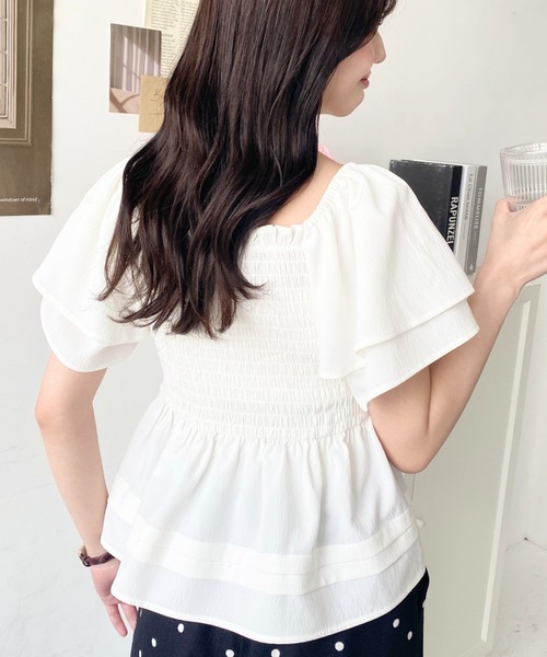 フリル付きシフォン半袖トップス ブラック フリル付きシフォン半袖トップス ブラック ドットシフォン袖