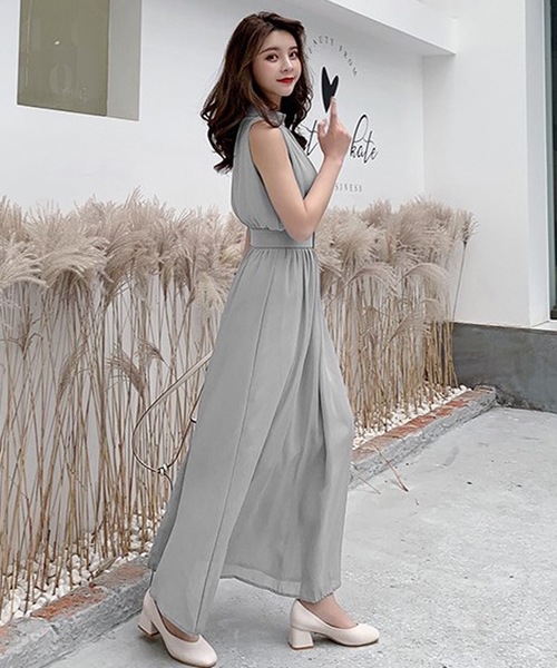 上品 パンツドレス ホルターネック リボン S-XL 2色 韓国 c1314 my closet / VネックオールインワンパンツドレスbkL