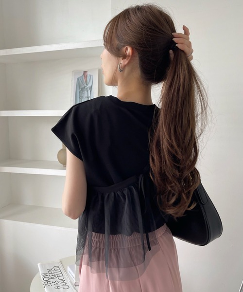 tシャツ チュールフリルフレンチスリーブトップス レディース hinari tシャツ チュールフリルフレンチスリーブトップス
