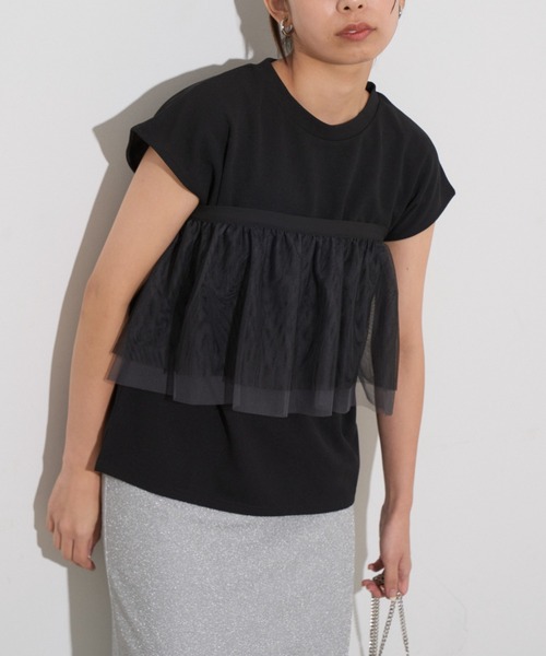 tシャツ チュールフリルフレンチスリーブトップス レディース hinari tシャツ チュールフリルフレンチスリーブトップス