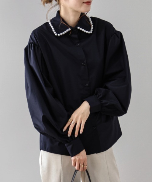 【PREMIUM】【最高級★LUXURY STYLE】【全2色】パール装飾長袖ブラウス　アイボリー ブルー【lace-e091023top】( mja )(240926) ブラウス シャツ パール襟ブラウス レディース : ZOZOTOWN Yahoo