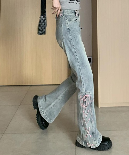Y2K 平成 00s ラインストーンリボンフレアデニムパンツDND4DES Y2K 平成 00s ラインストーン花柄フレアデニムパンツtornadomart