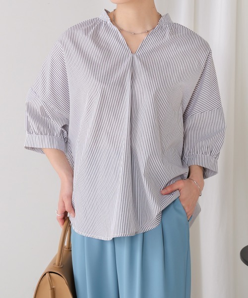Bou Jeloud ブラウス シャツ バックギャザー5分袖ブラウス