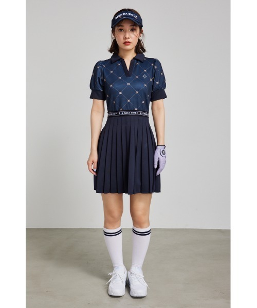 RIENDA GOLF プリーツコンビロゴワンピース M ネイビー ゴルフウェア rienda（リエンダ） ワンピース 「RIENDA GOLF」プリーツコンビロゴ