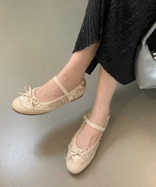 バレエシューズ パンプス ストラップ付ギャザーバレエシューズ