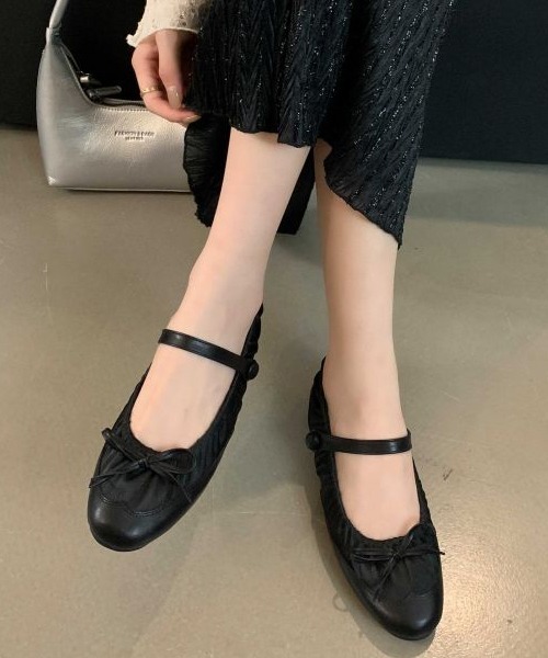 バレエシューズ パンプス ストラップ付ギャザーバレエシューズ