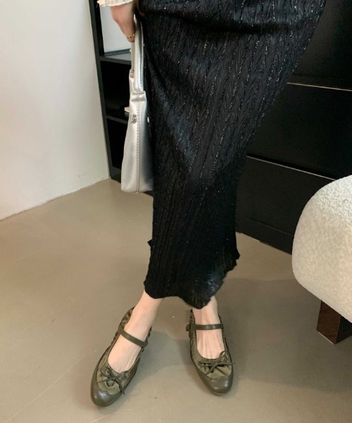 バレエシューズ パンプス ストラップ付ギャザーバレエシューズ