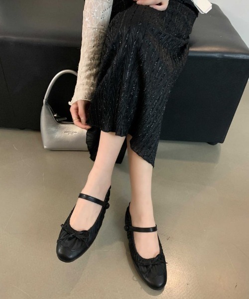 バレエシューズ パンプス ストラップ付ギャザーバレエシューズ