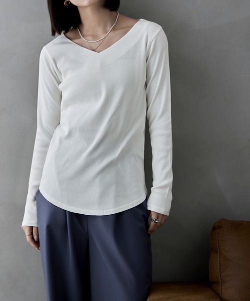 etoll. tシャツ VネックコットンロングスリーブリブT レディース