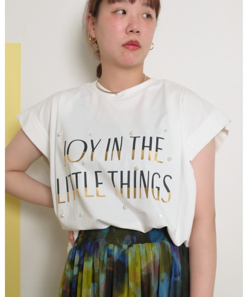 tシャツ パールビジュー付き シルケット天竺使用 ラバー×箔プリント ロゴトップス レディース palm RICHE tシャツ パールビジュー付き シルケット天竺使用