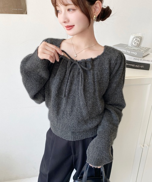 moment+ ニット セーター ギャザーリボンミックスニットプルオーバー