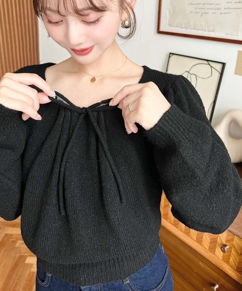 moment+ ニット セーター ギャザーリボンミックスニットプルオーバー