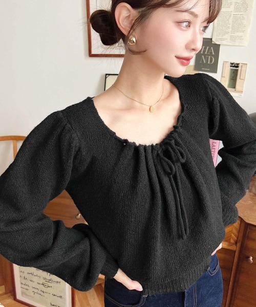 moment+ ニット セーター ギャザーリボンミックスニットプルオーバー