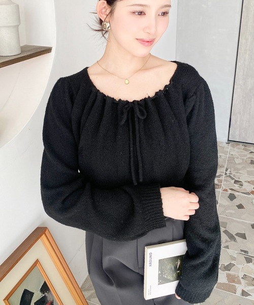 moment+ ニット セーター ギャザーリボンミックスニットプルオーバー