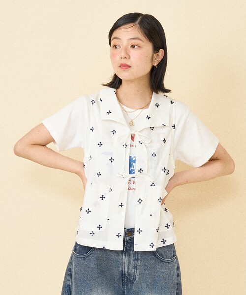 FREAK'S STORE ベスト ジレ インド 小花刺繍 襟付きリボンベスト