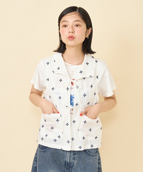 FREAK'S STORE ベスト ジレ インド 小花刺繍 襟付きリボンベスト