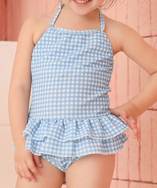 平成女児y2k 水色 チェック柄 フリル セパレート水着　姫ギャル 水着 ベビー 女の子 フリルチェック セパレート水着 キッズ