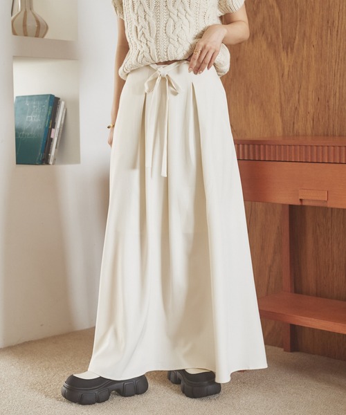 ロング スカート inverted pleats ribbon long skirt /インバーテッド