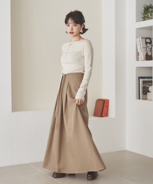 ロング スカート inverted pleats ribbon long skirt /インバーテッド