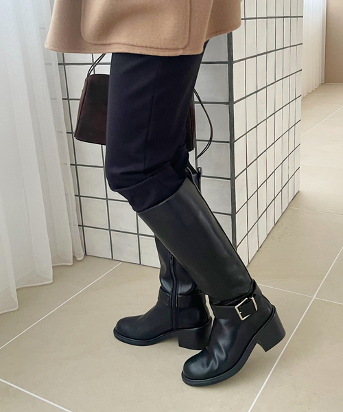 LE TALON バックル付きブラックロングブーツ LE TALON バックル付きブラックロングブーツ 追加3》2cmワイドシャフト