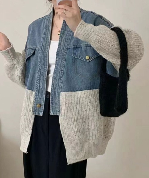 2ly2 デニムジャケット gジャン デニム×ニット切り替えカーディガン