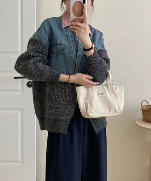 2ly2 デニムジャケット gジャン デニム×ニット切り替えカーディガン