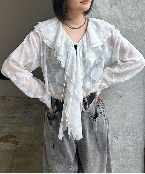 タダシショージ　シアー　レース　フリル ボリューム袖ブラウス PAGEBOY（ページボーイ） ブラウス シャツ シアーレースジャガード