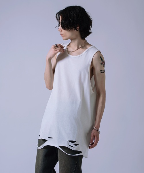 PAION&DRUG ダメージ加工 タンクトップ improves（インプローブス） タンクトップ ダメージ加工 ロング丈