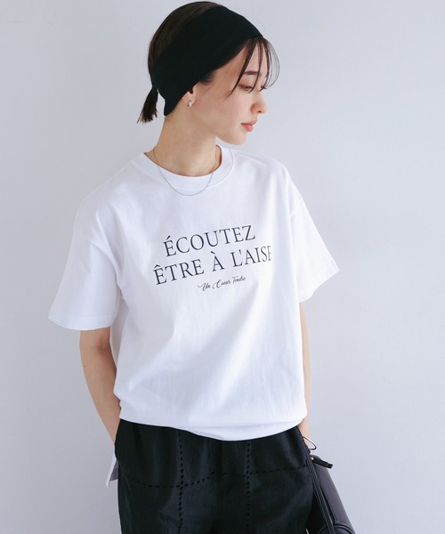 andme（アンドミー） tシャツ 半袖 フレンチロゴプリント半袖Tシャツ