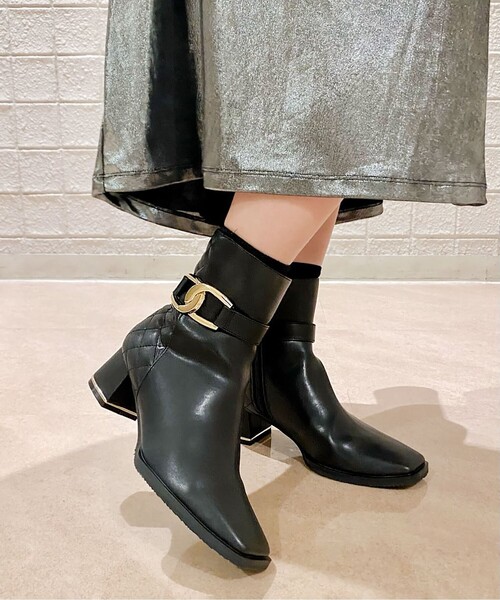 【 】ロゴ キルティング ショートブーツ *送/関込* ESPERANZA ブーツ キルティングベルトミドルヒールショート