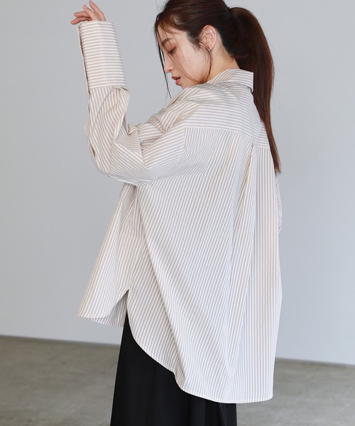 uora ブラウス シャツ オーバーサイズダブルポケットストライプシャツ