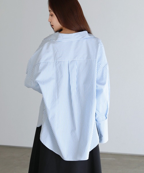 uora ブラウス シャツ オーバーサイズダブルポケットストライプシャツ