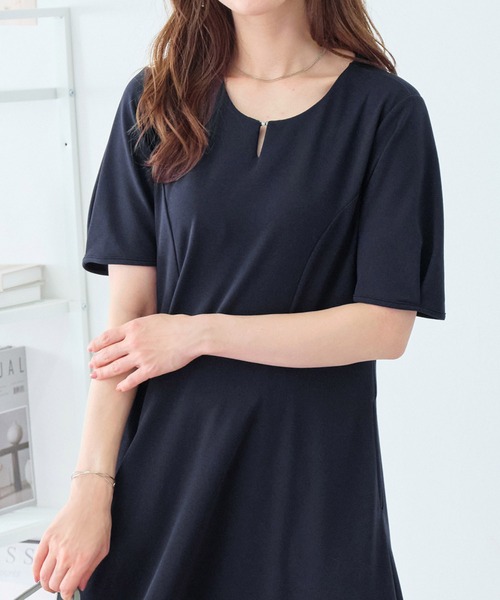 上品 ワンピース ドレス タック ポケット Aライン ひざ下 7分袖 セール】七分袖シンプルAラインワンピース・ドレス（ドレス