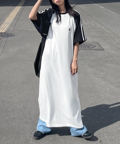 ワンピース ラグランラインスリーブ ロゴ刺繍 半袖TEEワンピース