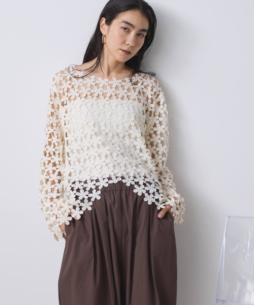 ブラウス シャツ ＬＵフラワーパフ７分ブラウス レディース ブラウス 長袖 トップス 花柄 シャツ フリル 七分袖 オフィス V