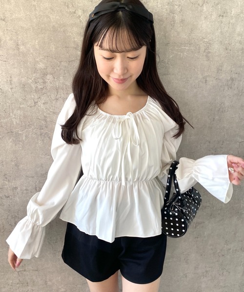 Mejoul ブラウス シャツ 半袖 2way リボンデザインギャザーボリューム