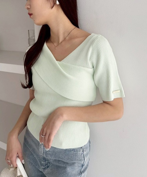 美品★慈雨　マルチカラー ボトルネックニット アシンメトリー 40 セール】アシンメトリーVネックニットトップス（ニット/セーター