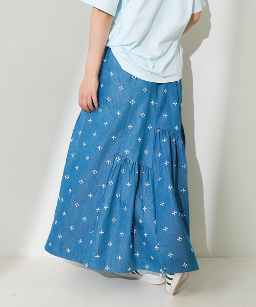 KENZO JEANS ひざ丈スカート フレア ティアード 花柄刺繍 麻混 薄手 花柄 スカート ロング 総柄 ミモレ丈 夏 きれいめ フレア