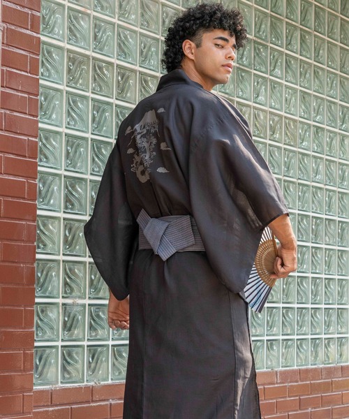 お任せ黒兵児帯+お任せ下駄つき■古典高級しじら織り夏着物&浴衣■新品未使用 浴衣 「接触冷感浴衣/兵児帯2点セット」すぐに使える！メンズ作り帯