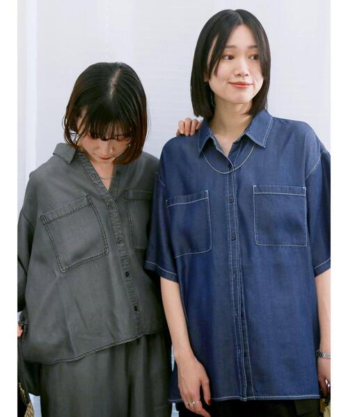 Samansa Mos2 blue ブラウス シャツ 「接触冷感」クールデニム