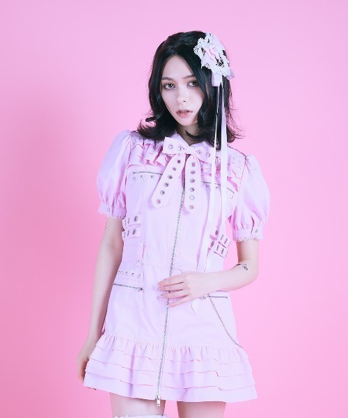 AVENCHUMU ワンピース Front zip studded belt mini one piece