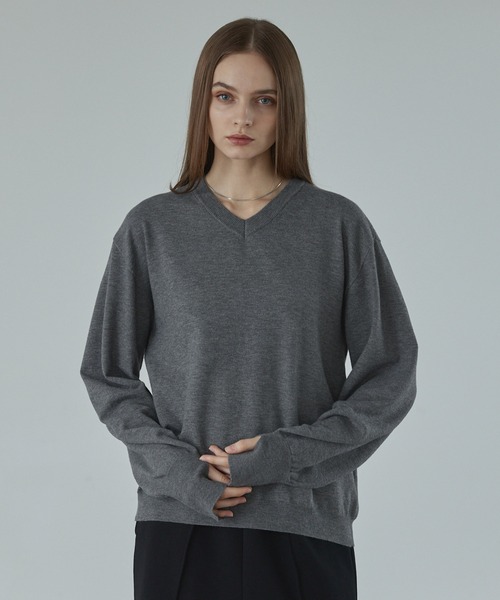 希少 ワイズ 上質 Vネック バルーンスリーブ ストライプ 変形デザイン ニット CALLNE セーター ニット 「CALLNE」V-neck Long Sleeve Knit / Vネック