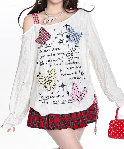 tシャツ HOOK for girls Y2K バタフライ × レースアップ ロング